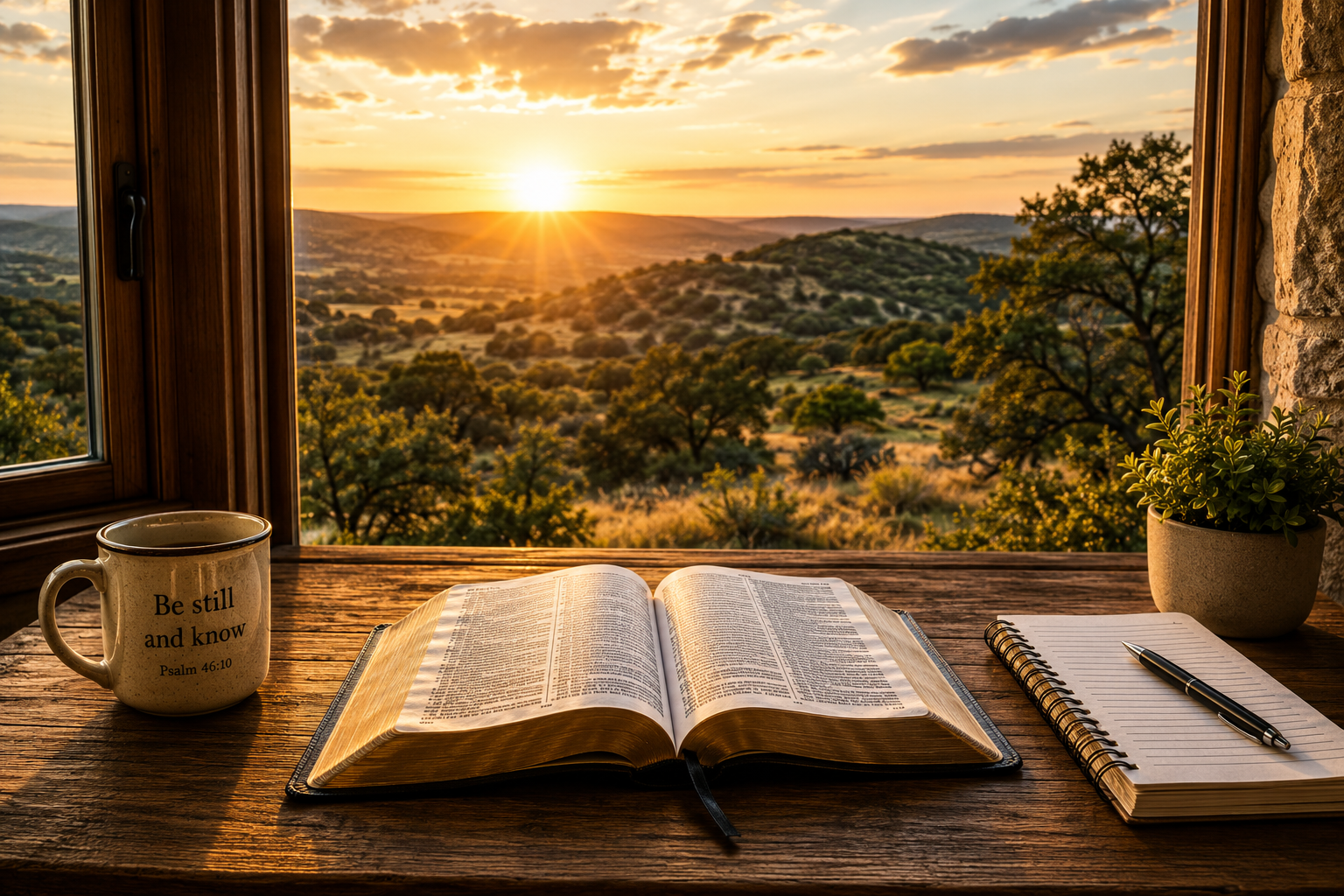Open Bible on a wooden table beside a window overlooking the Texas Hill Country at golden hour